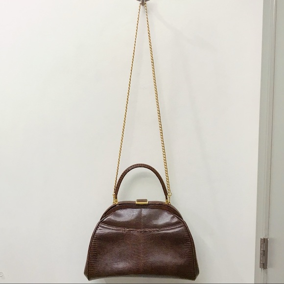 SISO Vintage Brown Exotic Lizard Skin Top Handle Clasp Satchel Crossbody Bag - Picture 1 of 9